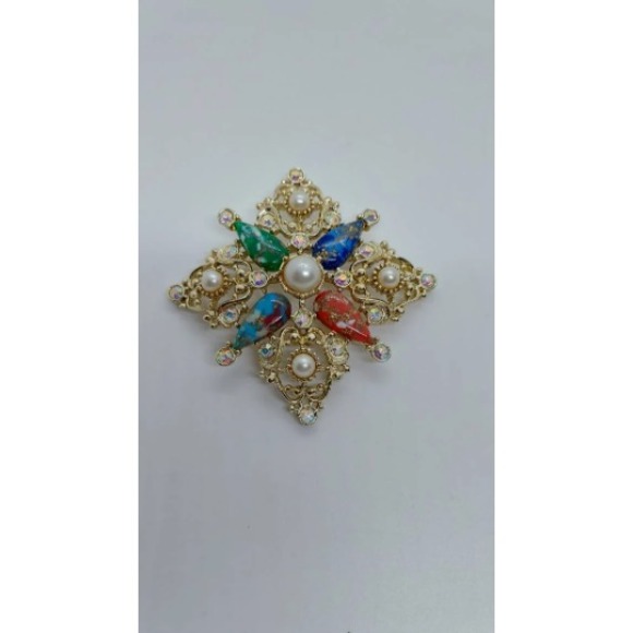 Sarah Coventry Galaxy 1960s Multicolor Enamel Aurora Borealis Faux Pearl Brooch‎ - Picture 1 of 5